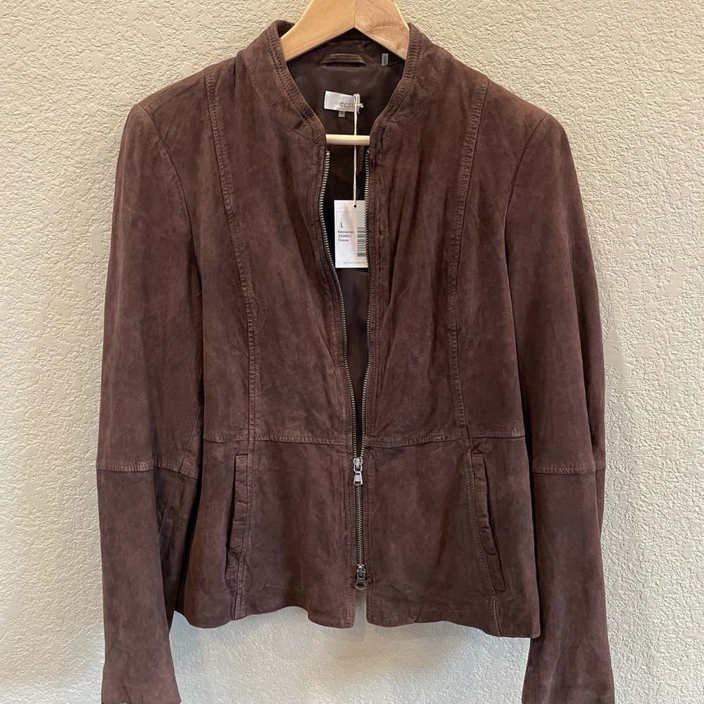 Women’s Suede bomber Jacket Ecru Brand NWT Size L Brown Chocolate